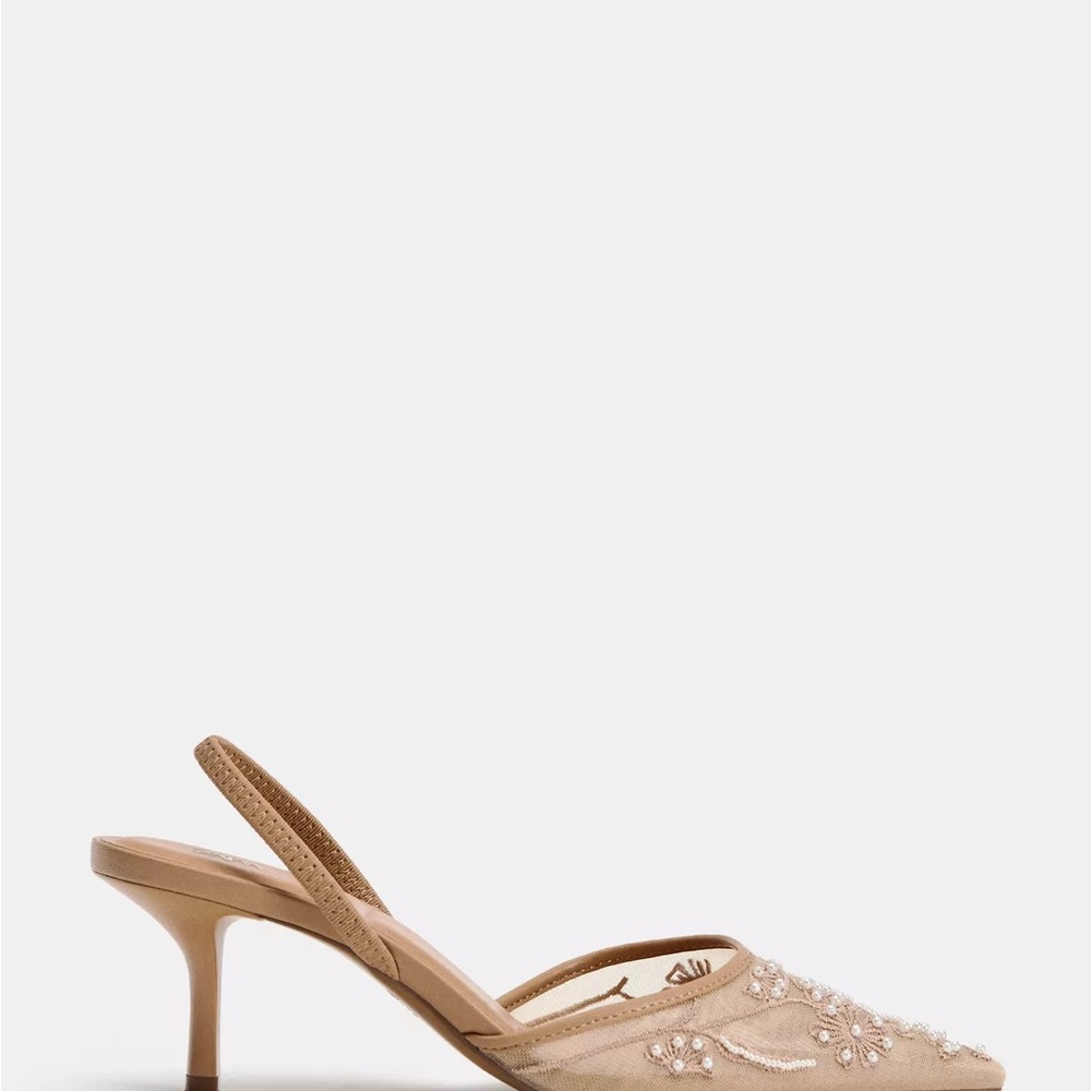 Zara Beige Floral Embroidered Heels - Picture 2 of 5